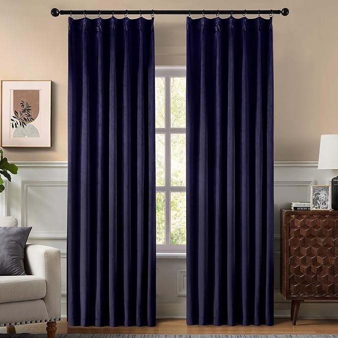 Pinch Pleated 100% Blackout Curtains for Bedroom, Navy Blue Velvet Curtains for Living Room, Black Out Curtain 96 inch Long Room Darkening, Blackout Pinch Pleat Drapes with Hooks 2 Panels