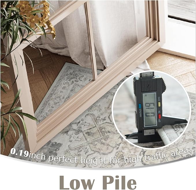 jinchan 3x5 Machine Washable Area Rugs for Entryway - Distressed Vintage Floral Ultra-Thin Low-Pile Soft Non-Shedding Indoor Floor Carpet for Kitchen Bedroom Entrance Laundry Living Room(3x5ft, Taupe)
