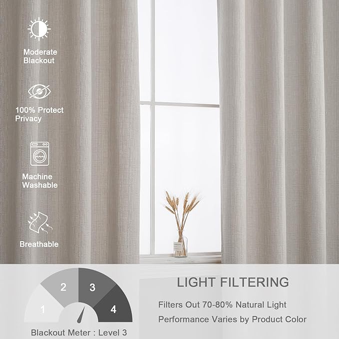 Jacquard Linen Curtains 84 inch Length 2 Panels Thick Faux Linen Blended Window Drapes Burlap Textured Curtains with Grommet for Living Room Bedroom Farmhouse (52x84 Beige) Natural