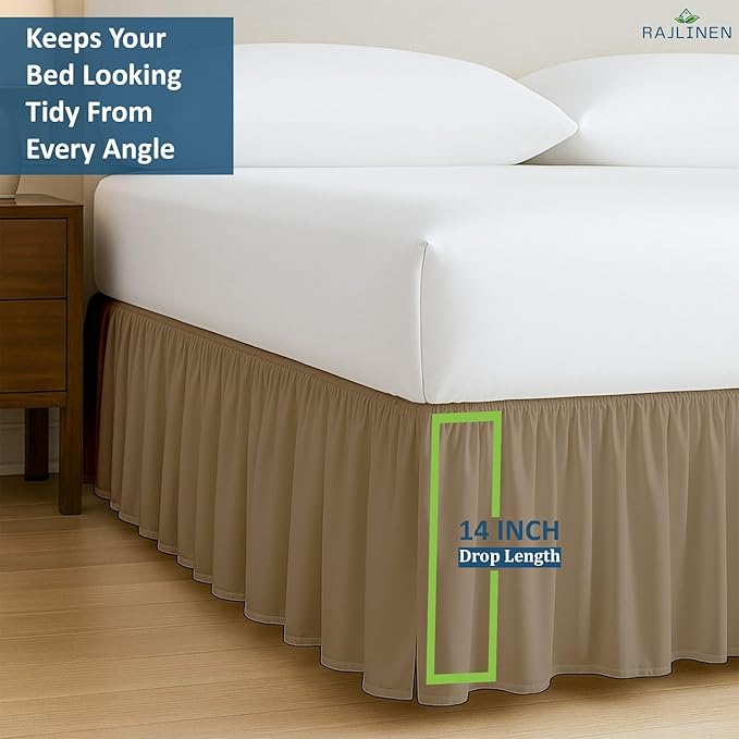 Rajlinen Ruffled Bed Skirt California King, 14 Inch Drop Dust Ruffle with Split Corners, 100% Microfiber Bedskirt with Platform, Three-Sided Coverage Ruffled Gathering Design, Taupe