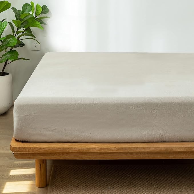 MooMee Fitted Bottom Sheet Only 100% Washed Cotton Linen Like Textured Breathable Durable Soft Comfy Deep Pocket Fits Mattress up to 17" (Tannish Linen Grey, King)