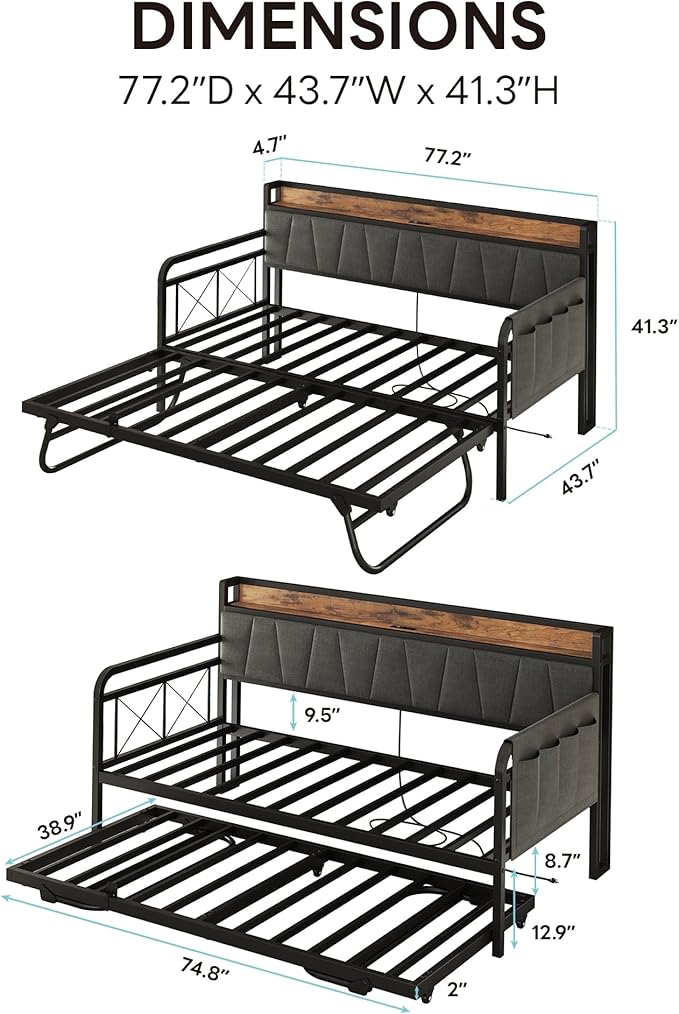 LIKIMIO Daybed with Trundle Bed, Twin Bed Frame with Storage Headboard and Charging Station, Sofa Day Bed with Strong Supports for Living Room, Bedroom, and Guest Room, Grey