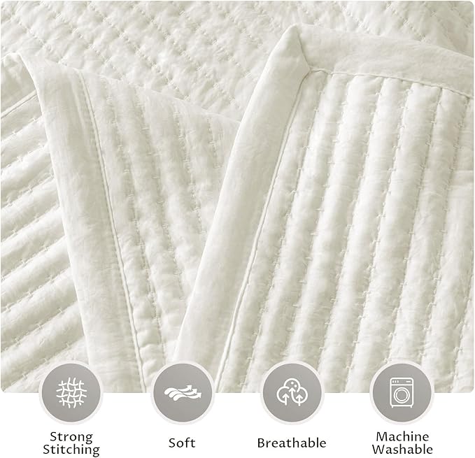 Oversized King Quilt Set 112"x106" – Soft Washed 3 - Layer Lightweight California King Bedspread, Minimalist Nordic Design, All-Season Spring & Summer Quilt Set (1 Quilt + 2 Pillow Shams), Cream White