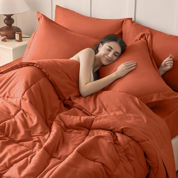 JOLLYVOGUE Queen Comforter Set, Ultra-Soft Bed in a Bag Queen Size 7 Pieces, Oeko-TEX Certified Bedding Set with Down Alternative Comforter, Sheets, Pillowcases & Shams, Burnt Orange