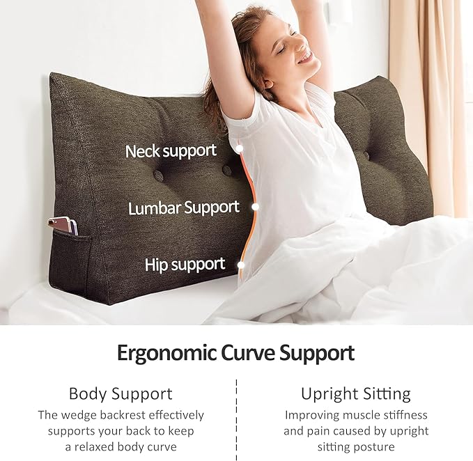 homecozy Wedge Headboard Pillow Dorm Room Reading Pillow Back Support for Sitting Up in Bed Bolster Lumbar Cushion Body Positioning Bedrest Cotton Linen 76in Coffee King
