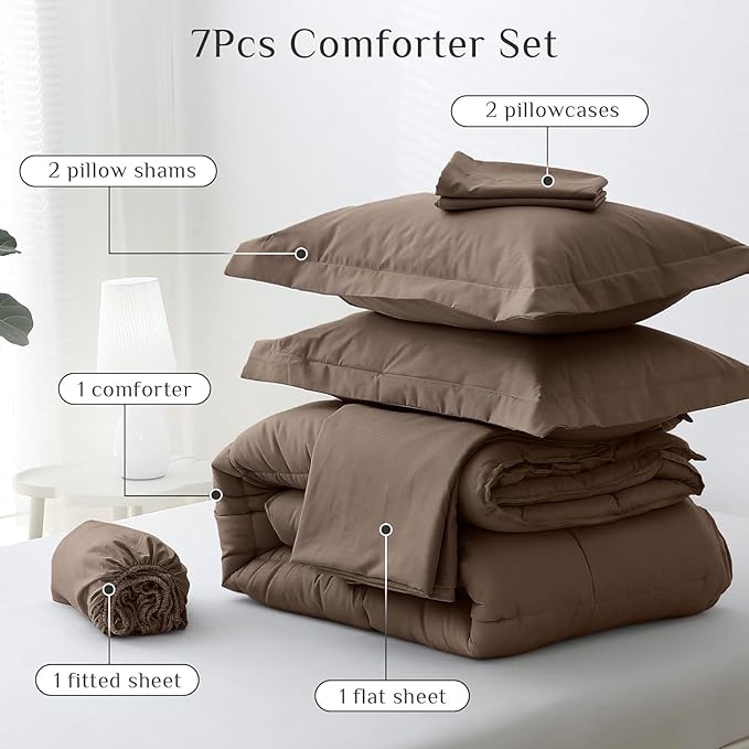 JOLLYVOGUE Queen Comforter Set, Ultra-Soft Bed in a Bag Queen Size 7 Pieces, Oeko-TEX Certified Bedding Set with Down Alternative Comforter, Sheets, Pillowcases & Shams, Brown