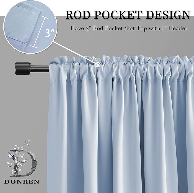 DONREN Baby Blue Window Treatment Thermal Insulated Rod Pocket Blackout Curtains/Drapes for Bedroom (Light Blue,Set of 2 Panels,52 by 84 Inch Length)
