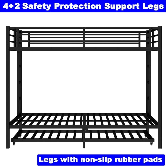 Upgraded Version Thicken Stronger Metal Heavy-Duty Queen Over Queen Bunk Bed with Twin Size Trundle, Bunk Bed Queen Size for Adults with Ladders, Easy Assemble (Queen/Queen)