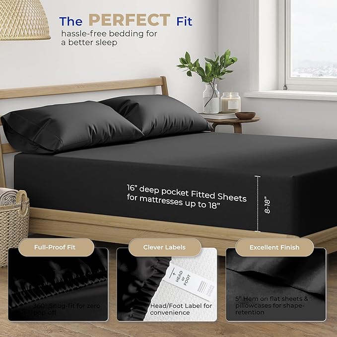 THREAD SPREAD 100% Cotton Sheets King Size - 400 Thread Count King Size Sheets Set (4 PC, Black), 16" Deep Pocket All Around Elastic, Soft, Cooling, Durable & Breathable Sateen Weave Bed Sheet Set