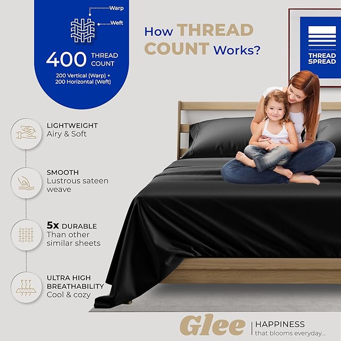 THREAD SPREAD Twin XL Sheets Set Cotton - 400 Thread Count 100% Cotton Twin XL Sheet Set, 3 PC Twin XL Sheets, Cooling Sheets for Dorm Rooms & Adults, 16" Deep Pocket Extra Soft Cotton Sheets (Black)