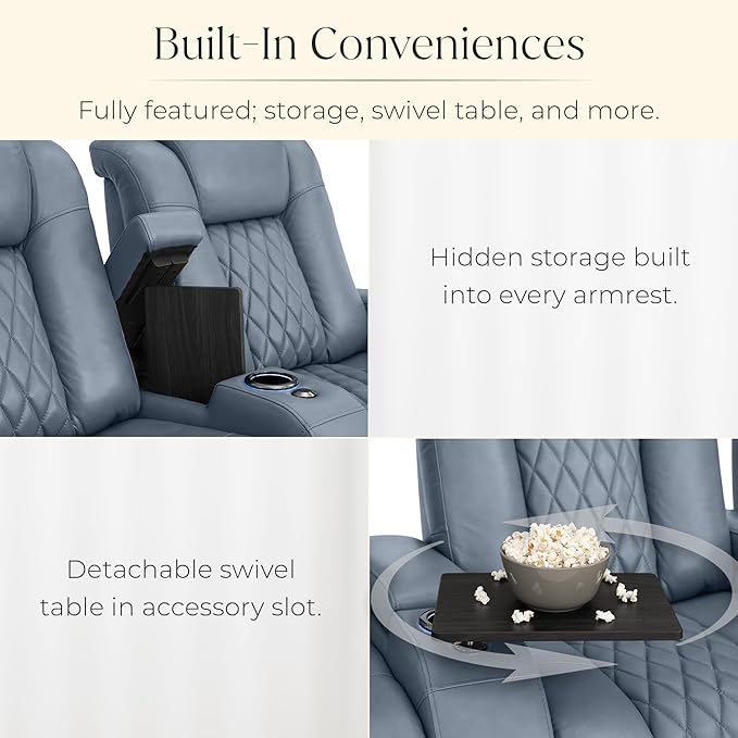 Seatcraft Diamante Zero-Gravity CoolZero Italian Leather Home Theater Seating, Power Headrest, Power Recline, Row of 5 Sofa, Smokey Blue