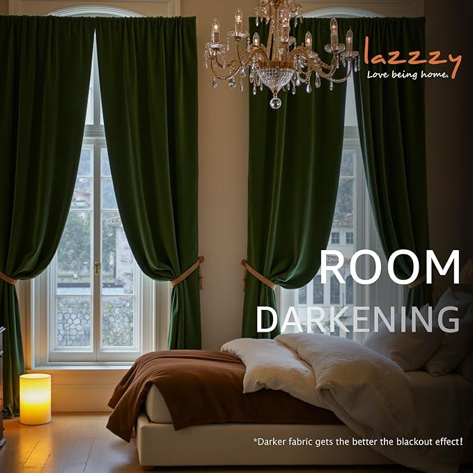 Lazzzy Green Velvet Blackout Curtains 90 Inches Long Thermal Insulated Room Darkening Lined Curtain Drapes Luxury Back Tab Window Treatments for Bedroom Living Room 2 Panels, 52 x 90 Inch, Moss Green