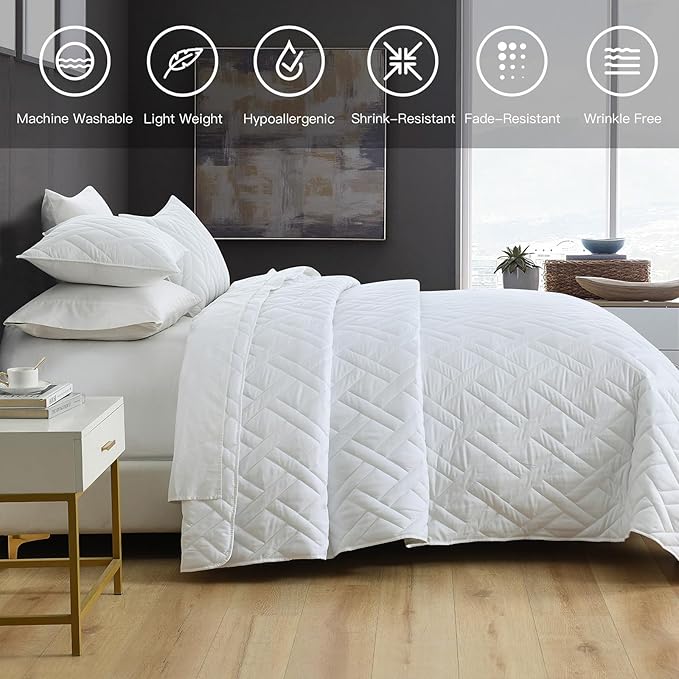 HORIMOTE HOME Quilt Set Twin Size White, Classic Geometric Diamond Stitched Pattern, Ultra Soft Microfiber Lightweight Bedding Set Bedspread Coverlet for All Season (1 Quilt and 1 Pillow Sham)