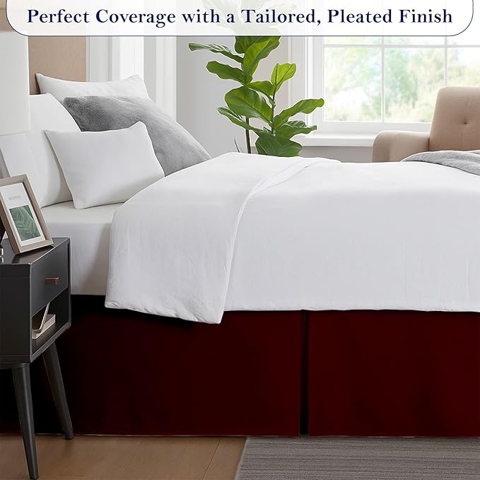 King Bed Skirt, Luxury 21 Inch Drop Burgundy Pleated Bed Skirt, Double Brushed Microfiber, Box Pleat Design, Wrinkle & Fade Resistant, Easy Fit Tailored Bedskirt for King Size Beds