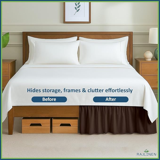 Rajlinen Ruffled Bed Skirt Twin, 18 Inch Drop Dust Ruffle with Split Corners, 100% Microfiber Bedskirt with Platform, Three-Sided Coverage Ruffled Gathering Design, Chocolate