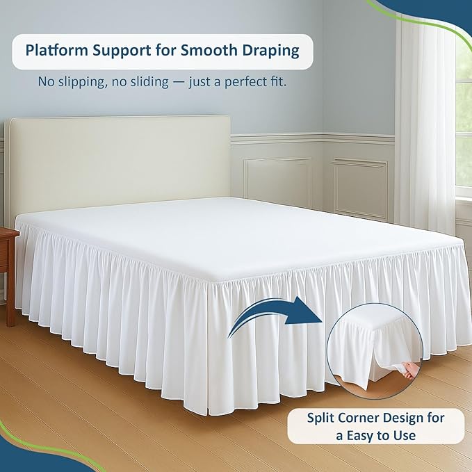 Rajlinen Ruffled Bed Skirt Full XL, 24 Inch Drop Dust Ruffle with Split Corners, 100% Microfiber Bedskirt with Platform, Three-Sided Coverage Ruffled Gathering Design, White