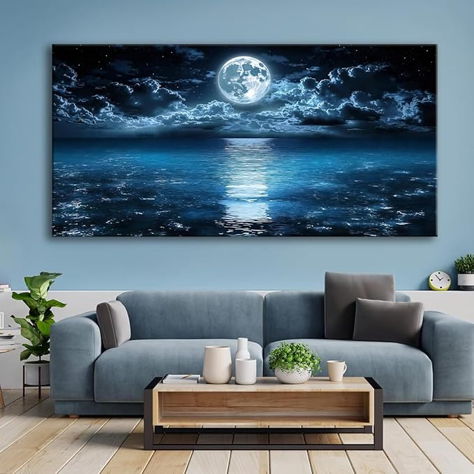 Huaaliunn Big Moon Canvas Wall Art - Modern Seascape Paintings for Living Room, Bedroom Wall Decor, Large Wall Art for Home or Office Decoration 75x150cm(30x60in)