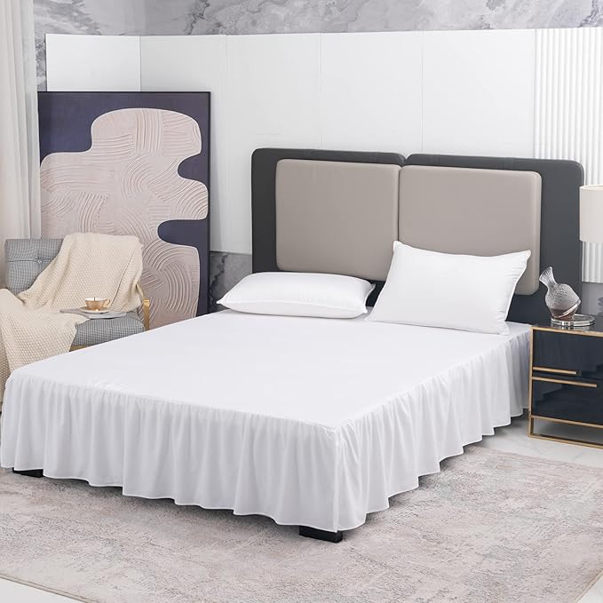 TSUTOMI Bed Skirt Queen Size Ruffled Bed Skirt with Split Corners, 18 Inch Drop Dust Ruffle Bed Skirts with Platform, Gathered Style, 100% Microfiber, White