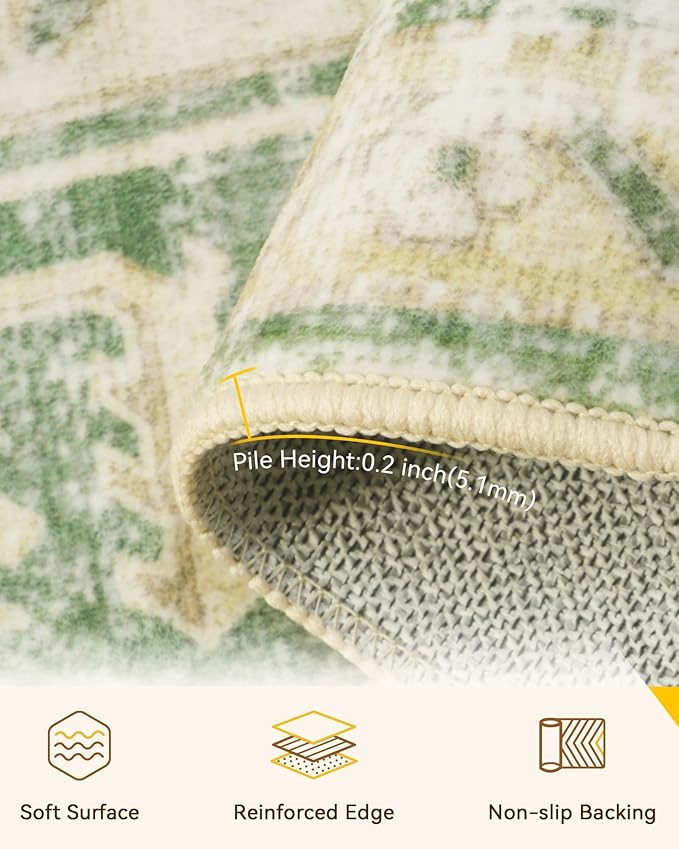 Area Rugs 2'x5' Washable Non-Slip, Floral Vintage Distress Print Pattern Medallion Carpet for Living Room Bedroom Dining Room, Sage Green Yellow