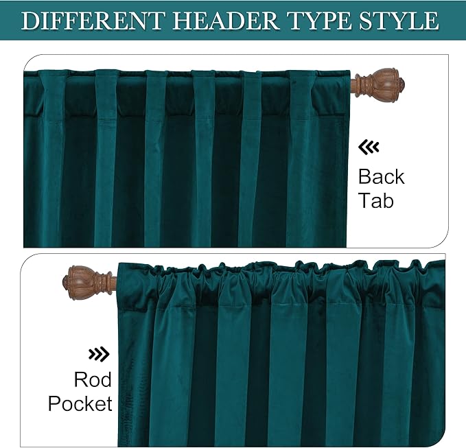 RYB HOME Teal Velvet Curtains 80 inches, Back Tab Soft Fabric Room Darkening Thermal Insulated Luxurious Home Decor Curtains for Living Room Bedroom, W 52" x L 80", 2 Panels Set