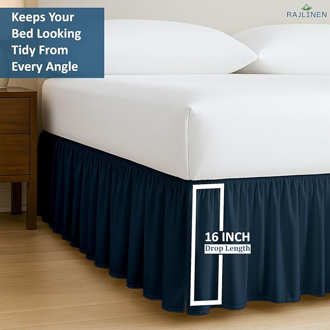 Rajlinen Ruffled Bed Skirt Full, 16 Inch Drop Dust Ruffle with Split Corners, 100% Microfiber Bedskirt with Platform, Three-Sided Coverage Ruffled Gathering Design, Navy Blue