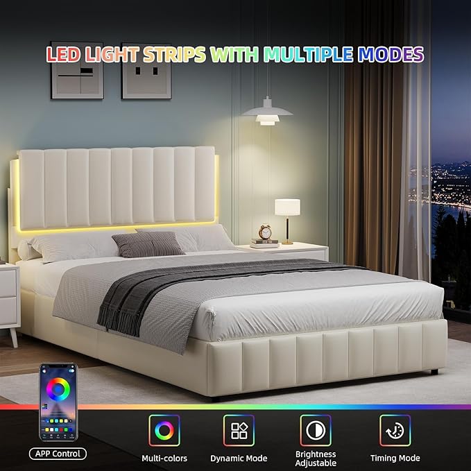 Full Size Bed Frame with LED Lights, Faux Leather Upholstered Platform Bed with Headboard and Wooden Slats Support, No Box Spring Needed, Noise-Free, Easy Assembly, Cream
