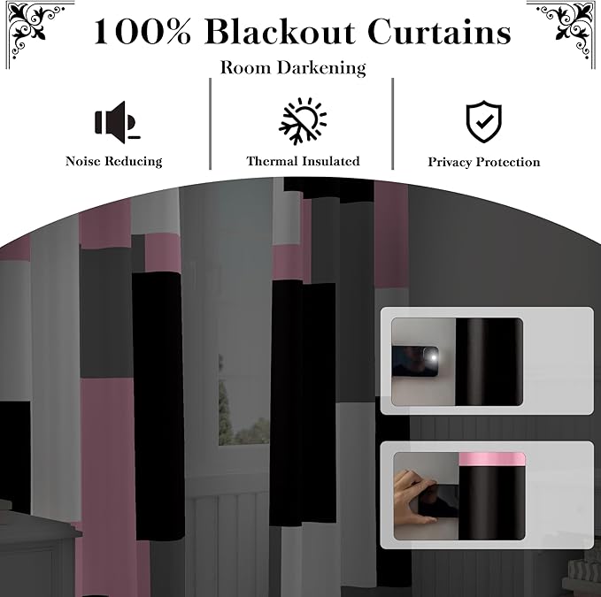 Pink 100% Blackout Curtains for Bedroom 108 inch Extra Long 2 Panels Set Black White Grey Modern Abstract Geometric Black Out Curtains Room Darkening Window Drapes for Living Room, 52Wx108L