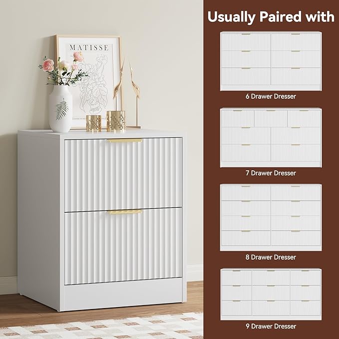 9 Drawer Dresser & Nightstand Set 3-Piece, 63” Wide White Fluted Dresser and Night Stand Set of 2, Fluted Modern Wood Chest of Drawers Storage Dressers Set for Bedroom, White