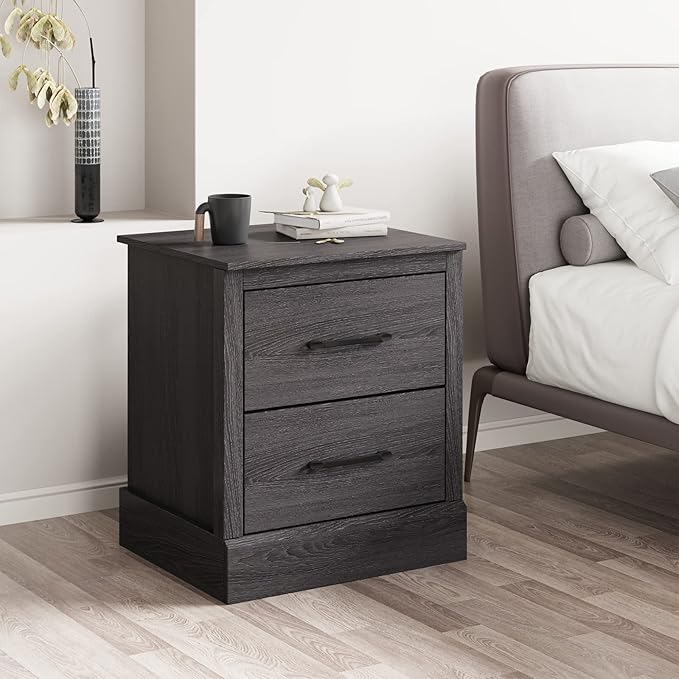 Giantex Farmhouse Nightstand, Wood Bedside Table with 2 Storage Drawers, Compact Floor Night Stand End Table, Accent Sofa Side Table for Bedroom, Grey Oak