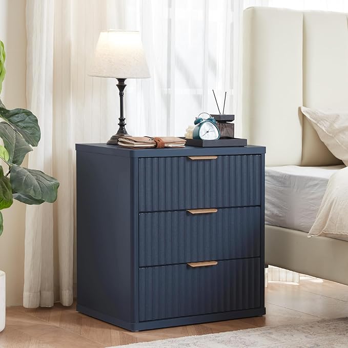 LEYAOYAO 42" Tall Fluted Dresser and 3 Drawers 23" Nightstand Set of 2, Wooden Dresser & Night Stand with Charging Station, 3 Piece Bedroom Furniture Set, Chest of Drawer for Living Room,Navy Blue