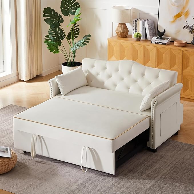 58" Velvet Sofa Bed, 3-in-1 Convertible Pull-Out Sleeper Sofa & Couch with Storage Bag and Adjustable Backrest,Perfect for Small Spaces, Living Room, or Office