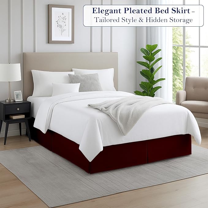 King Bed Skirt, Luxury 15 Inch Drop Burgundy Pleated Bed Skirt, Double Brushed Microfiber, Box Pleat Design, Wrinkle & Fade Resistant, Easy Fit Tailored Bedskirt for King Size Beds