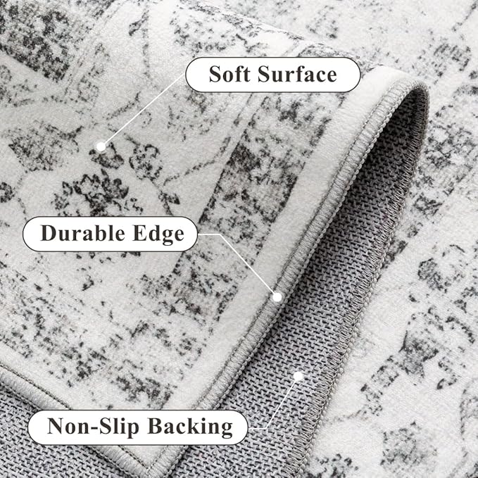 Grey 8x10 Area Rug Vintage Washable Living Room Carpet Non Slip Bedroom Indoor Office Low Pile Large Traditional Distressed Retro Accent Rug for Dining Room Bathroom Kitchen