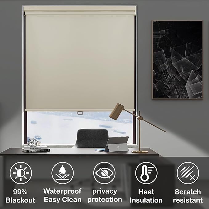 HESTIA No Drill Cordless Blackout Roller Shades Screwless Waterproof Shower Window Blinds, Auto-Retraction Easy Install Blind for Bathroom/Kitchen/Office/Exterior, Cream, 35.5" W x 54" H