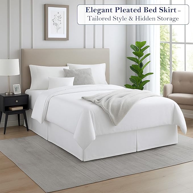 Twin Bed Skirt, Luxury 15 Inch Drop White Pleated Bed Skirt, Double Brushed Microfiber, Box Pleat Design, Wrinkle & Fade Resistant, Easy Fit Tailored Bedskirt for Twin Size Beds