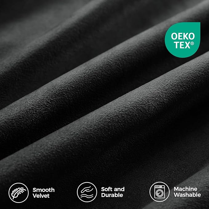 Pinch Pleated 100% Blackout Curtains for Bedroom, Black Velvet Curtains for Living Room, Black Out Curtain 86 inch Long Room Darkening, Blackout Pinch Pleat Drapes with Hooks 2 Panels