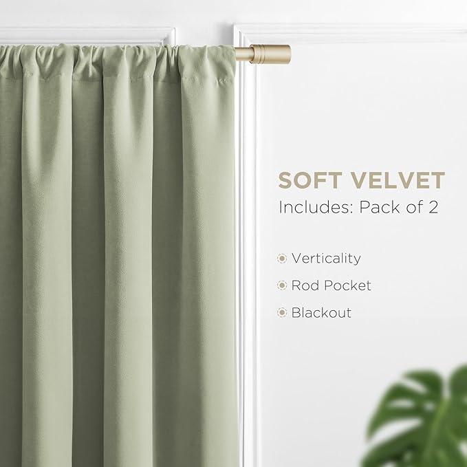 Joydeco Sage Green Velvet Curtains 72 Inches 2 Panels, Luxury Thermal Insulated Soft Green Curtains for Bedroom & Living Room, Room Darkening Velvet Drapes, Rod Pocket (52W x 72L)
