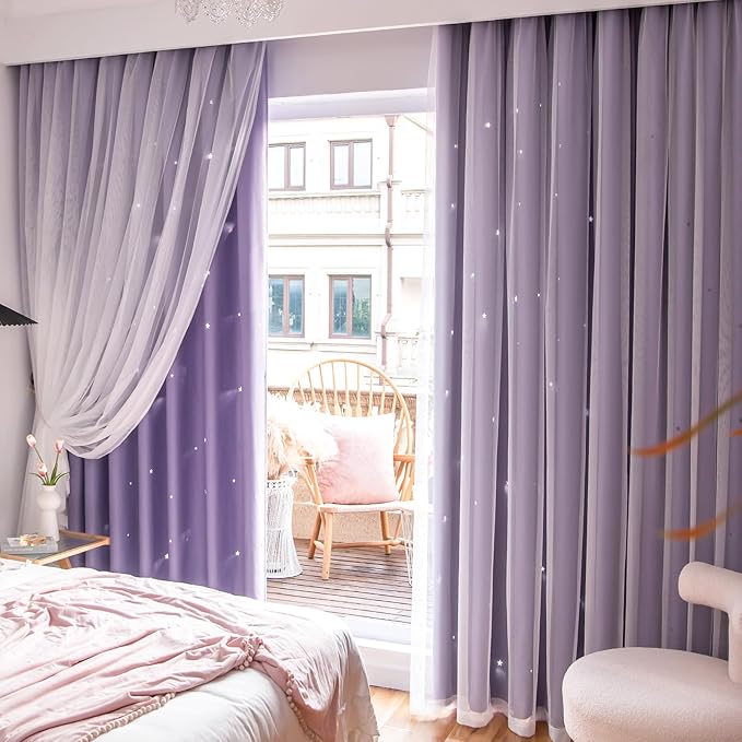 Stars Curtains Double Layer Curtains Blackout Curtains for Bedroom Kids Curtains Cute Curtains Kids Blackout Curtains, Curtains 84 Inches Long 2 Panels Set, Purple Curtains, 52 X 84 Inches