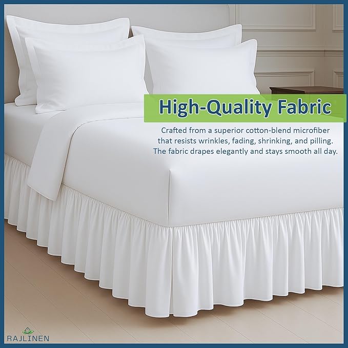 Rajlinen Ruffled Bed Skirt Queen, 21 Inch Drop Dust Ruffle with Split Corners, 100% Microfiber Bedskirt with Platform, Three-Sided Coverage Ruffled Gathering Design, White