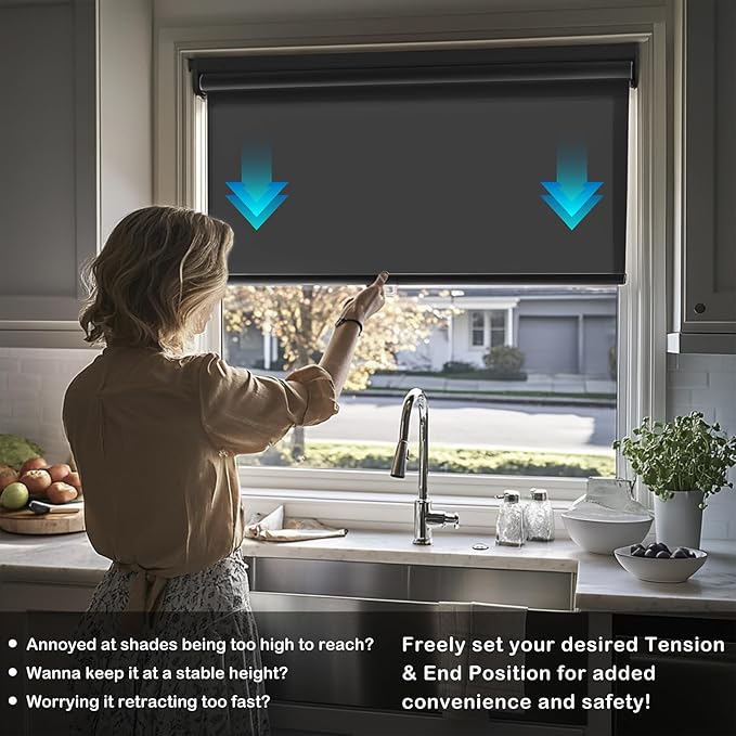 HESTIA No Drill Cordless Blackout Roller Shades Screwless Waterproof Shower Window Blinds, Auto-Retraction Easy Install Blind for Bathroom/Kitchen/Office/Exterior, Black, 58.5" W x 72" H