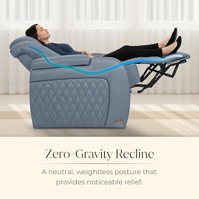 Seatcraft Diamante Zero-Gravity CoolZero Italian Leather Home Theater Seating, Power Headrest, Power Recline, Row of 2 Loveseat, Smokey Blue