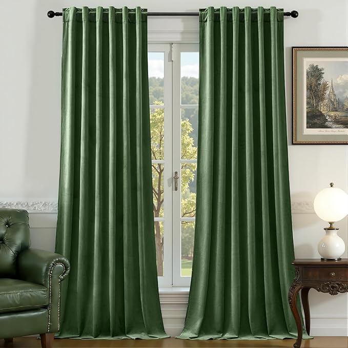 Olive Green Velvet Curtains 102 Inches Long for Bedroom, Super Soft Room Darkening Thermal Insulated Curtains Luxury Window Drapes for Living Room Nursery, Back Tab Rod Pocket, W52 x L102, 2 Panels
