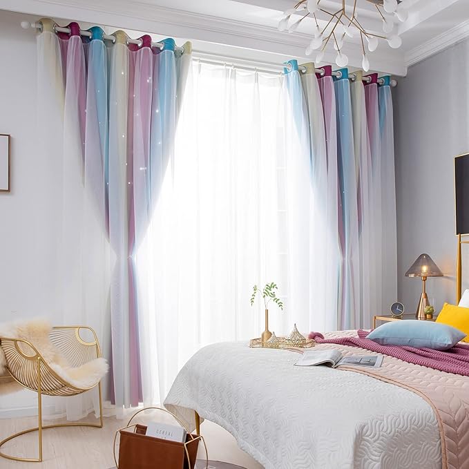 Star Blackout Curtains - Bedroom Cute Kids Rainbow, 63 Inch Long 2 Panels, Purple & Blue, 42 X 63 Inches