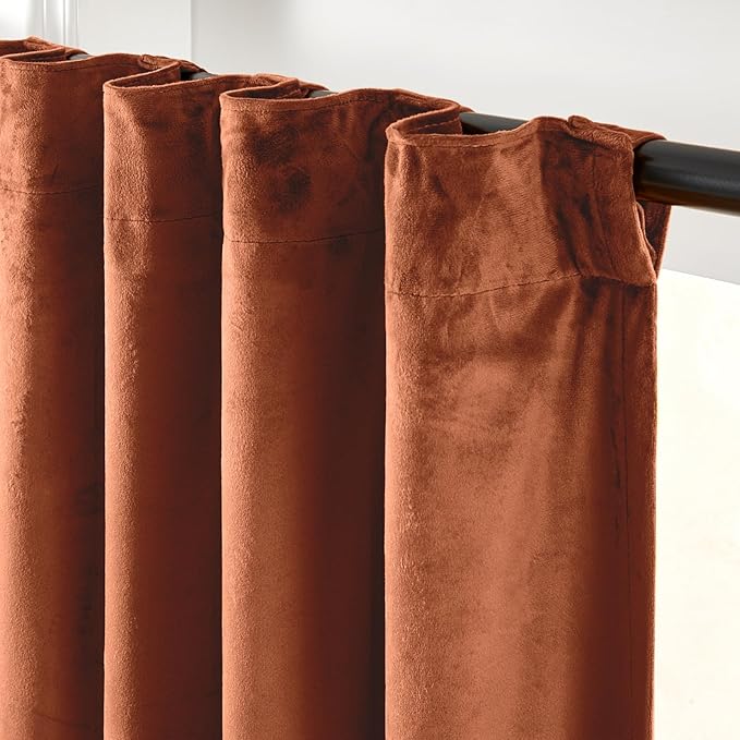 Lazzzy Burnt Orange Velvet Blackout Curtains 90 Inches Long Thermal Insulated Room Darkening Curtain Drapes Luxury Back Tab Window Treatments for Bedroom Living Room 2 Panels, 52 x 90 Inch, Caramel