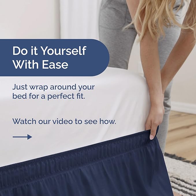Wrap Around Dust Ruffle Bed Skirt - Navy Blue - for Full Size Beds with 15 Inch Drop - Elastic Strap - Adjustable Pleated Bedskirt with Brushed Fabric and Wrinkle Free - for Women, Men, Kids & Teens