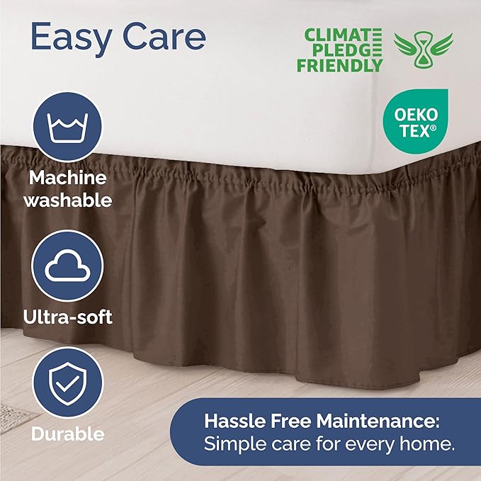 Wrap Around Dust Ruffle Bed Skirt - Brown - Twin/Twin XL Size Beds with 21 Inch Drop - Easy Fit Elastic Strap - Adjustable Pleated Bedskirt w/Brushed Fabric - Wrinkle Free - Women, Men, Kids & Teens