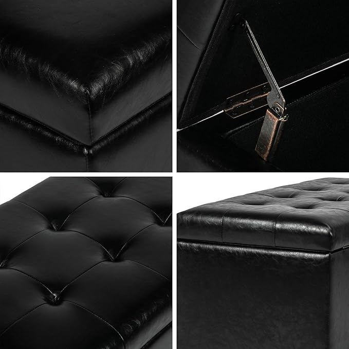Joveco Storage Ottoman Bench, 33 Inches Faux Leather Rectangle Tufted Foot Stool for End Foot of Bed, Bedroom, Living Room, Black