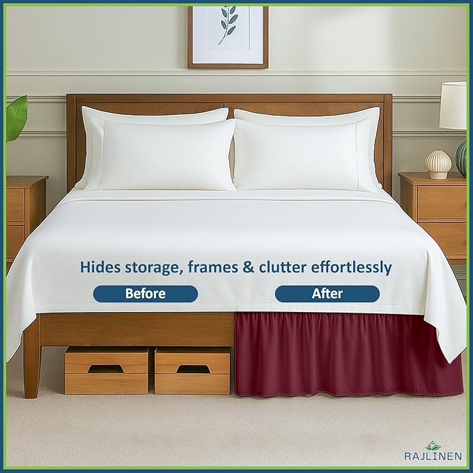 Rajlinen Ruffled Bed Skirt Full, 16 Inch Drop Dust Ruffle with Split Corners, 100% Microfiber Bedskirt with Platform, Three-Sided Coverage Ruffled Gathering Design, Burgundy
