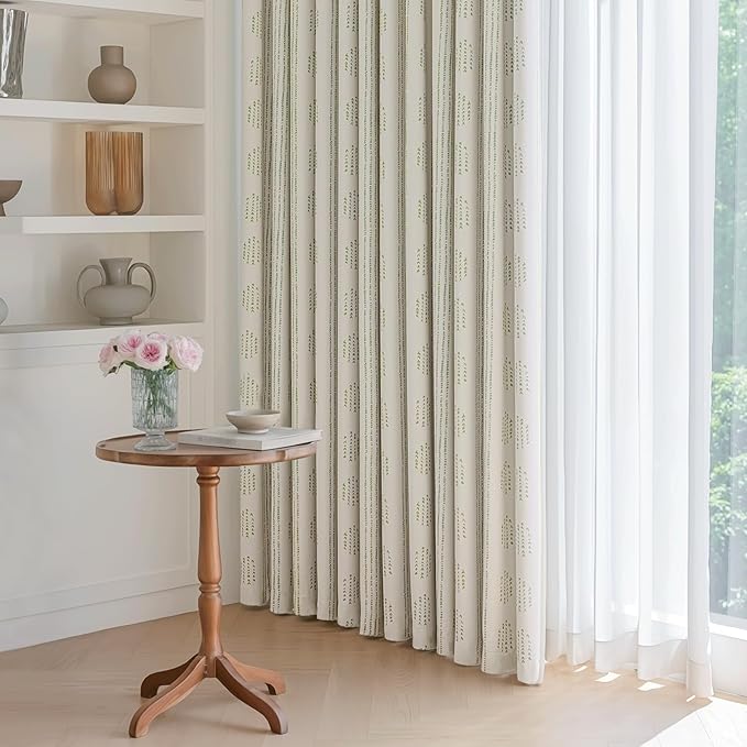 100% Boho Blackout Curtains 96 Inches Long for Bedroom, Green on Beige Patterned Bohemian Curtains for Living Room, Geometric Striped Thermal Insulated Window Drapes Gromment Top 2 Panels