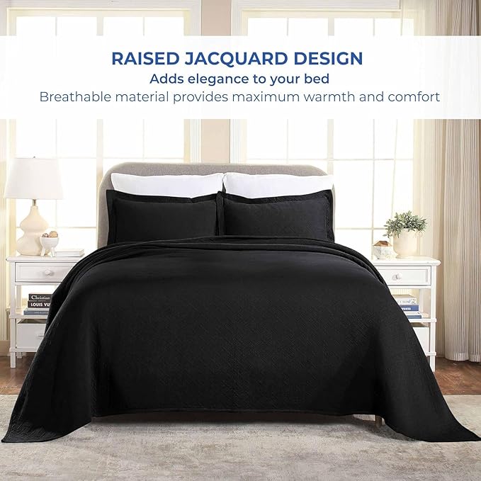 Superior 100% Cotton Basket Weave Bedspread with Shams, All-Season Premium Cotton Matelasse Jacquard Bedding, Quilted-Look Geometric Basket, King, Black